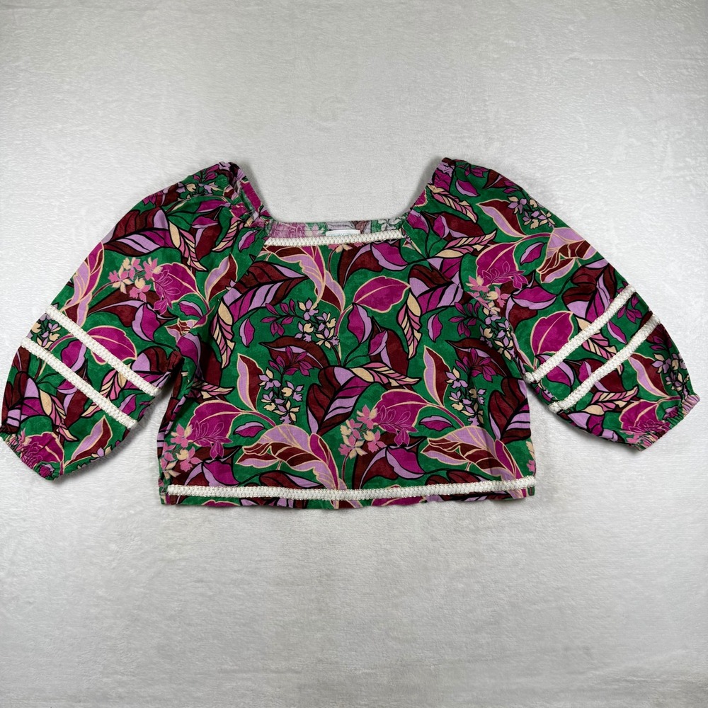 Cynthia Rowley 100% Linen Floral Puff Sleeve Blouse Green Pink Square Neck Med